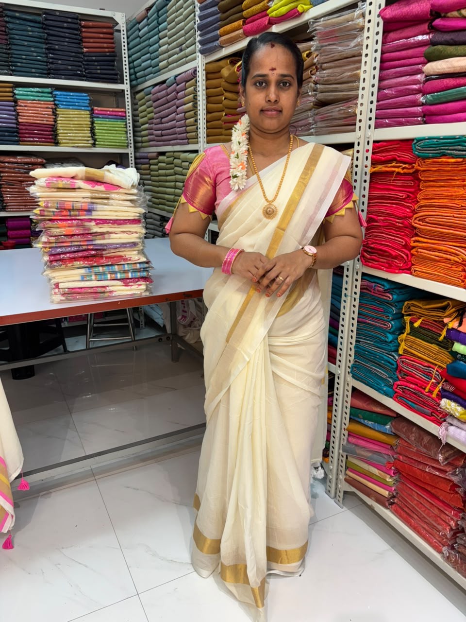 MUL COTTON GOLD AND PINK STRIPES BORDER